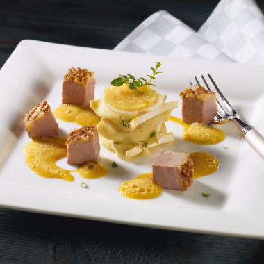 Bildmotiv für Entenbrustragout an Sellerie-Kartoffel-Gratin und CAMBOZOLA